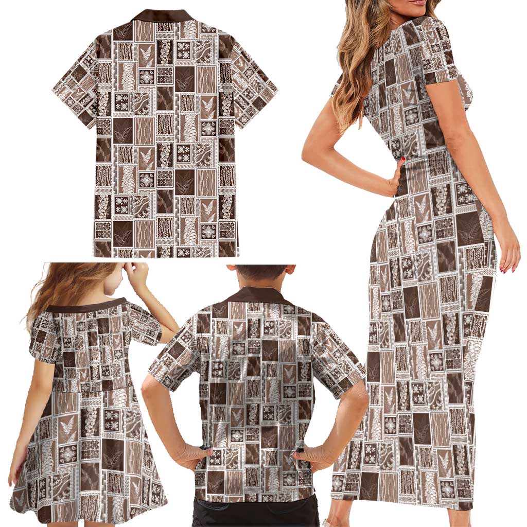 Vintage Aloha Block Quilt Family Matching Short Sleeve Bodycon Dress and Hawaiian Shirt Beige Inspired Lei Motifs - Polynesian Pride