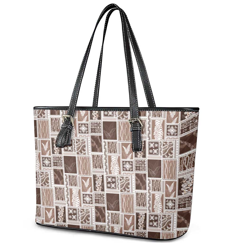 Vintage Aloha Block Quilt Leather Tote Bag Beige Inspired Lei Motifs - Polynesian Pride