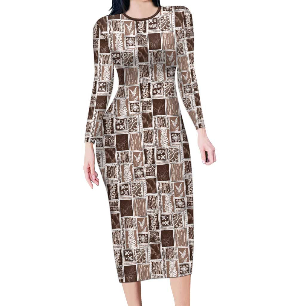 Vintage Aloha Block Quilt Long Sleeve Bodycon Dress Beige Inspired Lei Motifs - Polynesian Pride