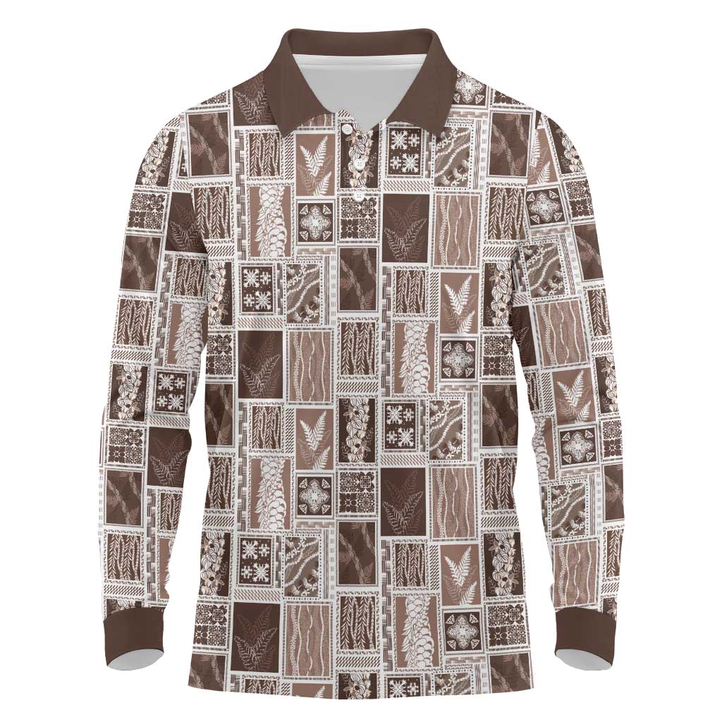Vintage Aloha Block Quilt Long Sleeve Polo Shirt Beige Inspired Lei Motifs LT9 Beige - Polynesian Pride