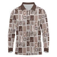 Vintage Aloha Block Quilt Long Sleeve Polo Shirt Beige Inspired Lei Motifs LT9 Beige - Polynesian Pride