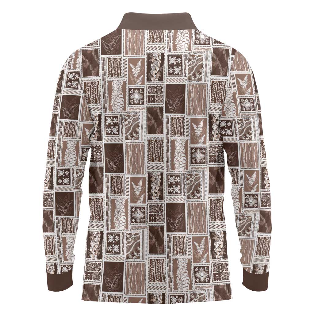 Vintage Aloha Block Quilt Long Sleeve Polo Shirt Beige Inspired Lei Motifs LT9 - Polynesian Pride