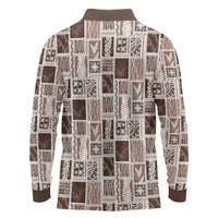 Vintage Aloha Block Quilt Long Sleeve Polo Shirt Beige Inspired Lei Motifs LT9 - Polynesian Pride