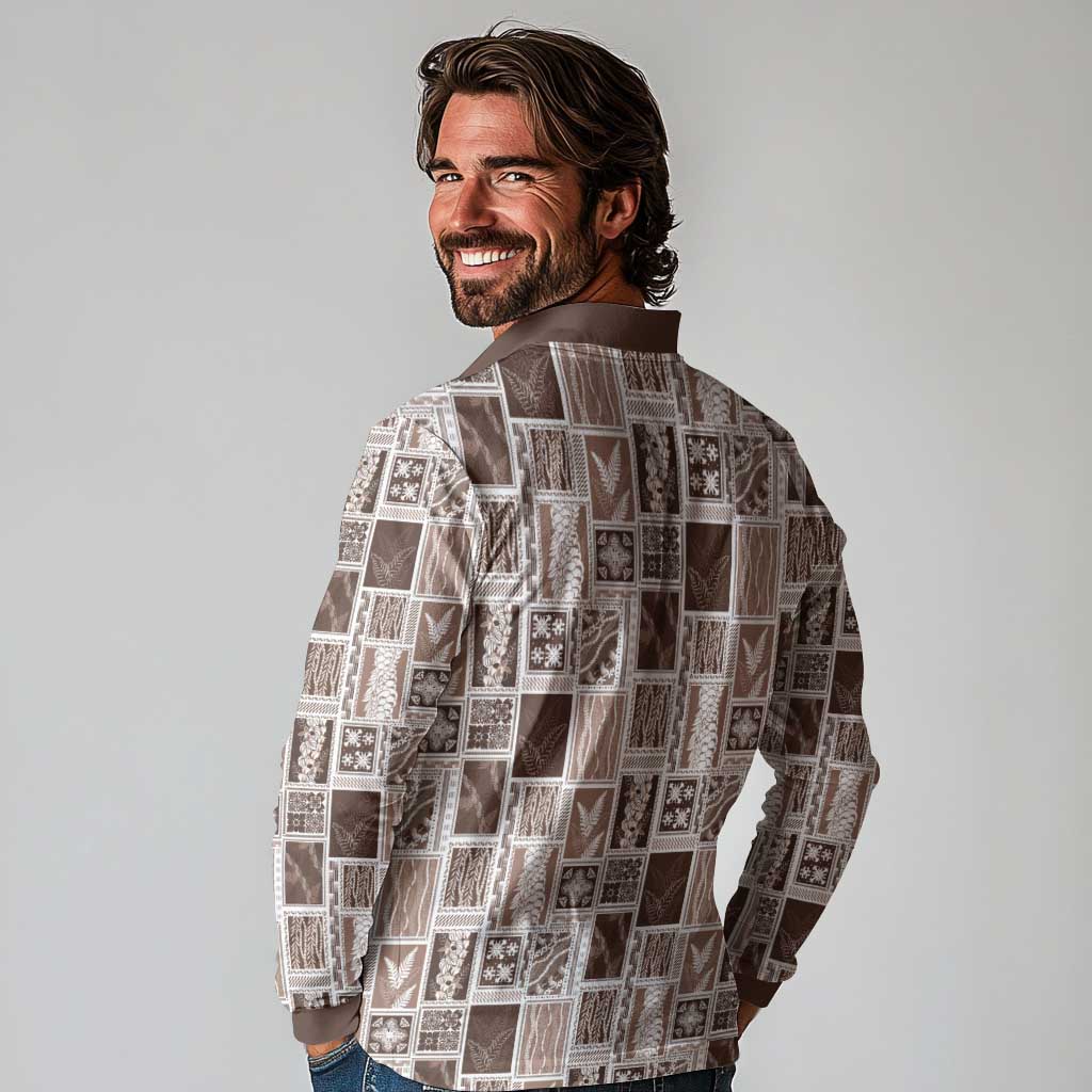 Vintage Aloha Block Quilt Long Sleeve Polo Shirt Beige Inspired Lei Motifs LT9 - Polynesian Pride