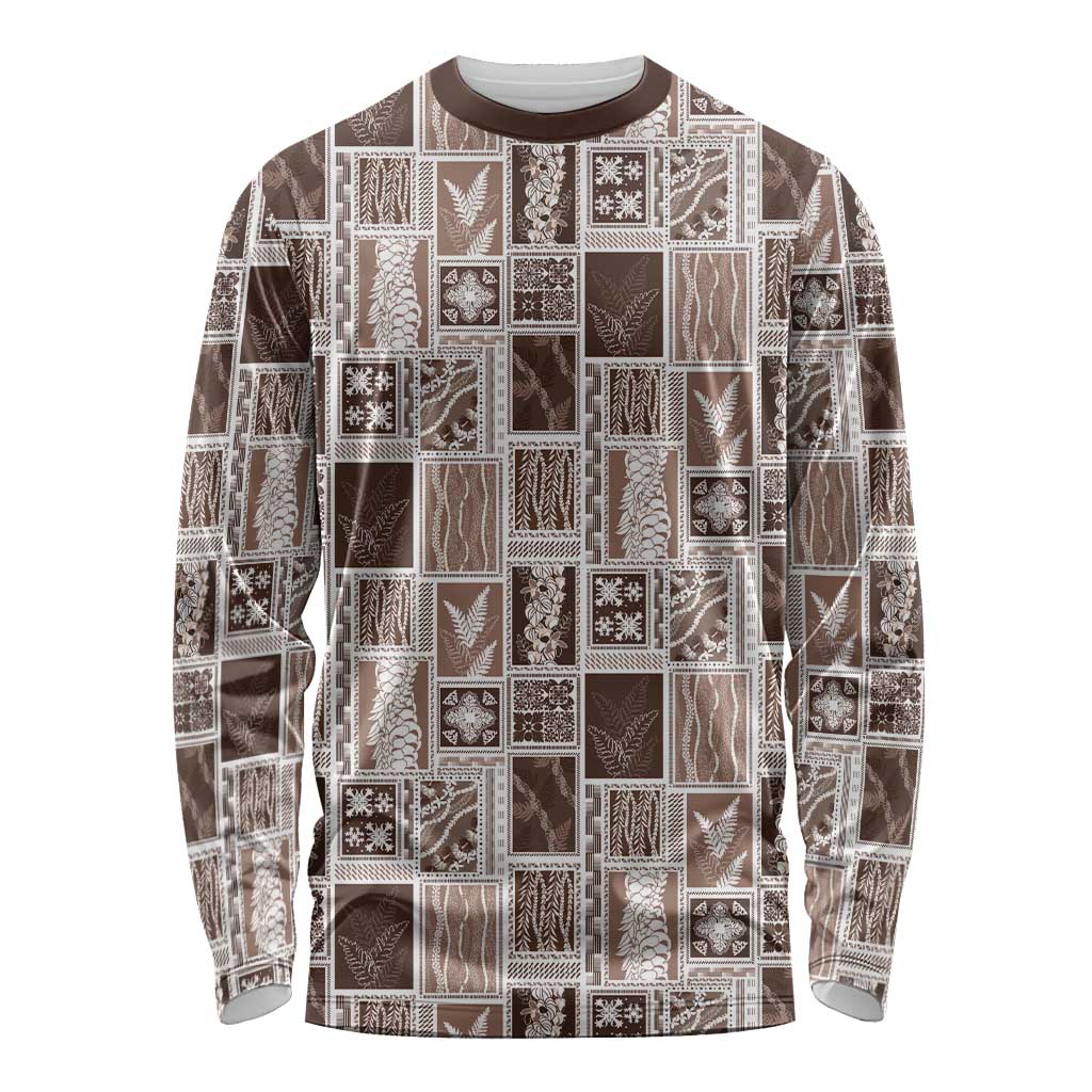Vintage Aloha Block Quilt Long Sleeve Shirt Beige Inspired Lei Motifs LT9 Unisex Beige - Polynesian Pride