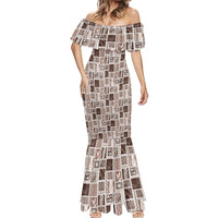 Vintage Aloha Block Quilt Mermaid Dress Beige Inspired Lei Motifs - Polynesian Pride