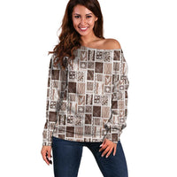 Vintage Aloha Block Quilt Off Shoulder Sweater Beige Inspired Lei Motifs LT9 Women Beige - Polynesian Pride
