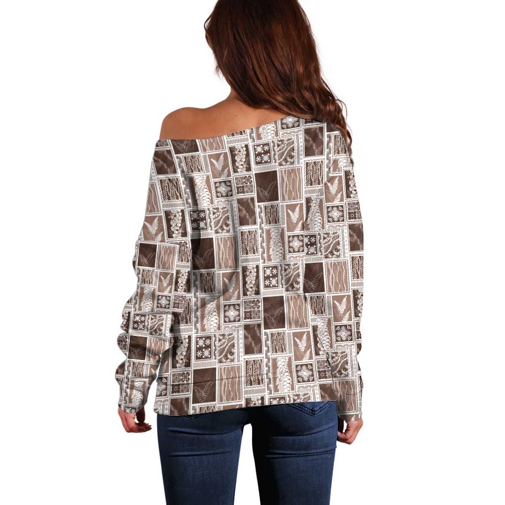 Vintage Aloha Block Quilt Off Shoulder Sweater Beige Inspired Lei Motifs LT9 - Polynesian Pride