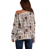 Vintage Aloha Block Quilt Off Shoulder Sweater Beige Inspired Lei Motifs LT9 - Polynesian Pride