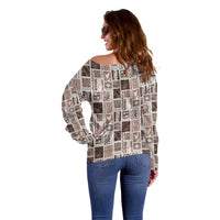 Vintage Aloha Block Quilt Off Shoulder Sweater Beige Inspired Lei Motifs LT9 - Polynesian Pride