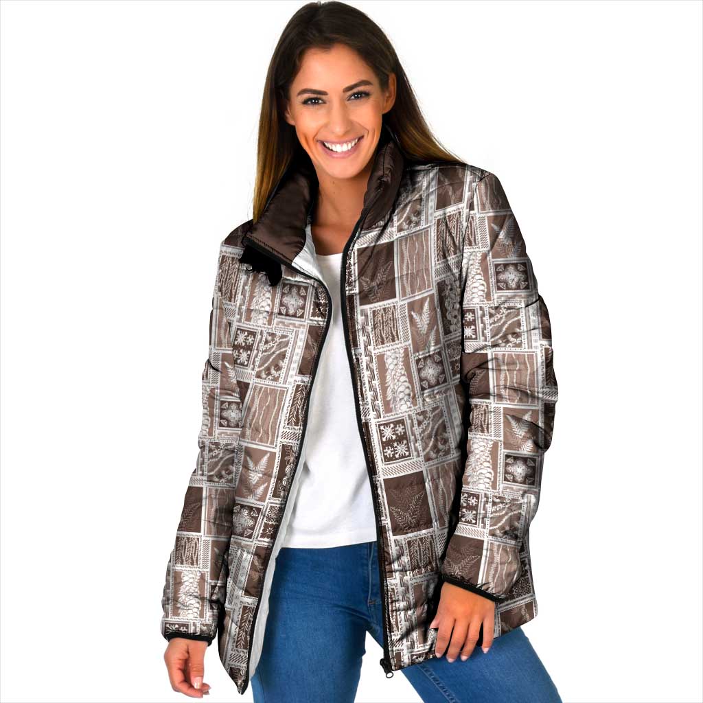 Vintage Aloha Block Quilt Padded Jacket Beige Inspired Lei Motifs LT9 Women Beige - Polynesian Pride