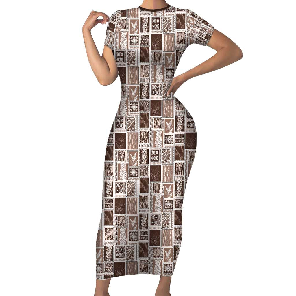Vintage Aloha Block Quilt Short Sleeve Bodycon Dress Beige Inspired Lei Motifs - Polynesian Pride