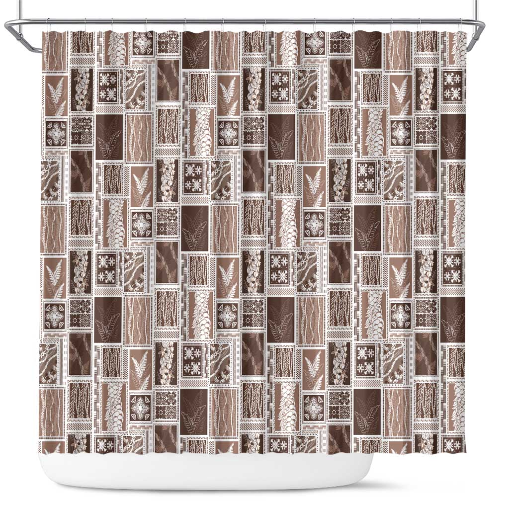 Vintage Aloha Block Quilt Shower Curtain Beige Inspired Lei Motifs - Polynesian Pride