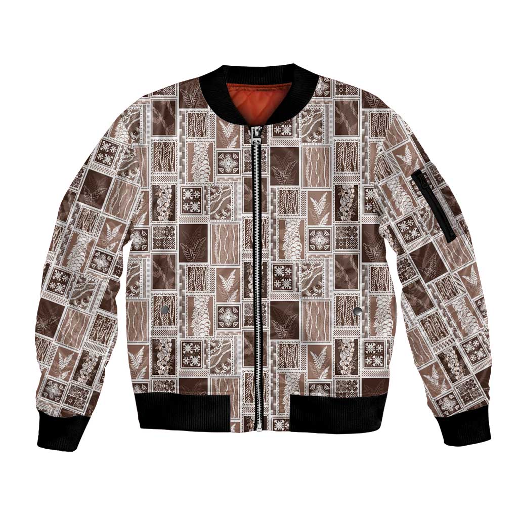 Vintage Aloha Block Quilt Sleeve Zip Bomber Jacket Beige Inspired Lei Motifs LT9 Unisex Beige - Polynesian Pride
