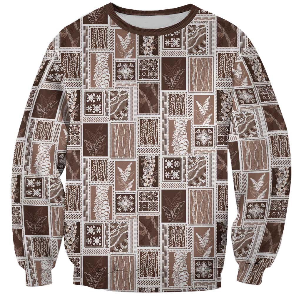 Vintage Aloha Block Quilt Sweatshirt Beige Inspired Lei Motifs - Polynesian Pride