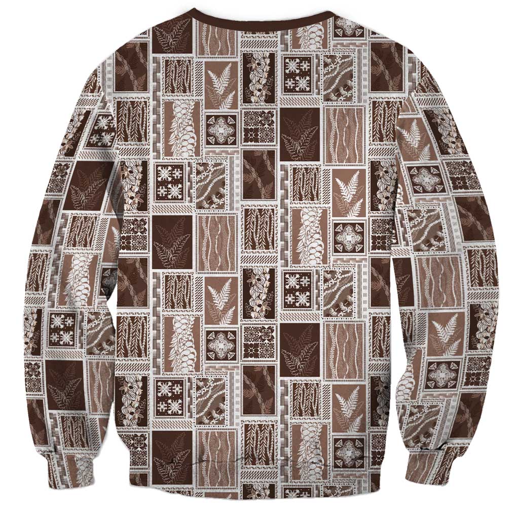 Vintage Aloha Block Quilt Sweatshirt Beige Inspired Lei Motifs - Polynesian Pride