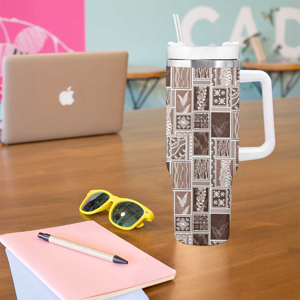 Vintage Aloha Block Quilt Tumbler With Handle Beige Inspired Lei Motifs - Polynesian Pride