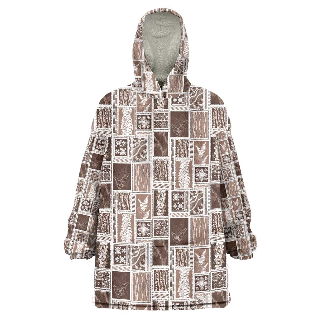 Vintage Aloha Block Quilt Wearable Blanket Hoodie Beige Inspired Lei Motifs - Polynesian Pride