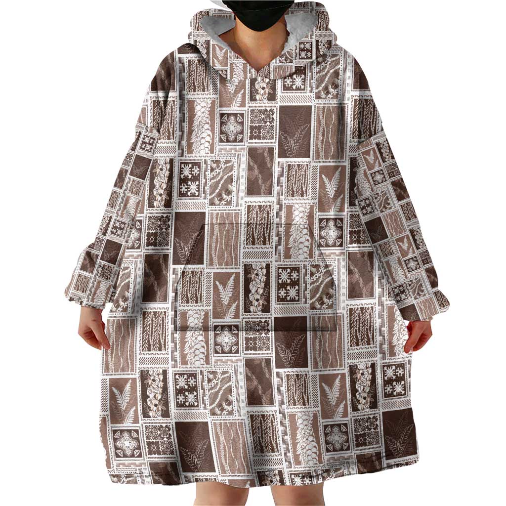 Vintage Aloha Block Quilt Wearable Blanket Hoodie Beige Inspired Lei Motifs - Polynesian Pride