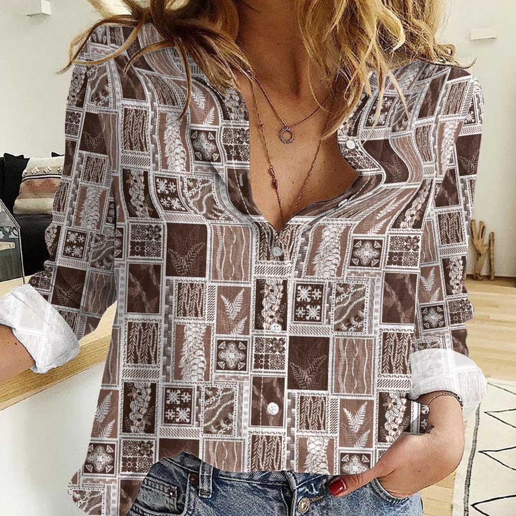 Vintage Aloha Block Quilt Women Casual Shirt Beige Inspired Lei Motifs LT9 Female Beige - Polynesian Pride