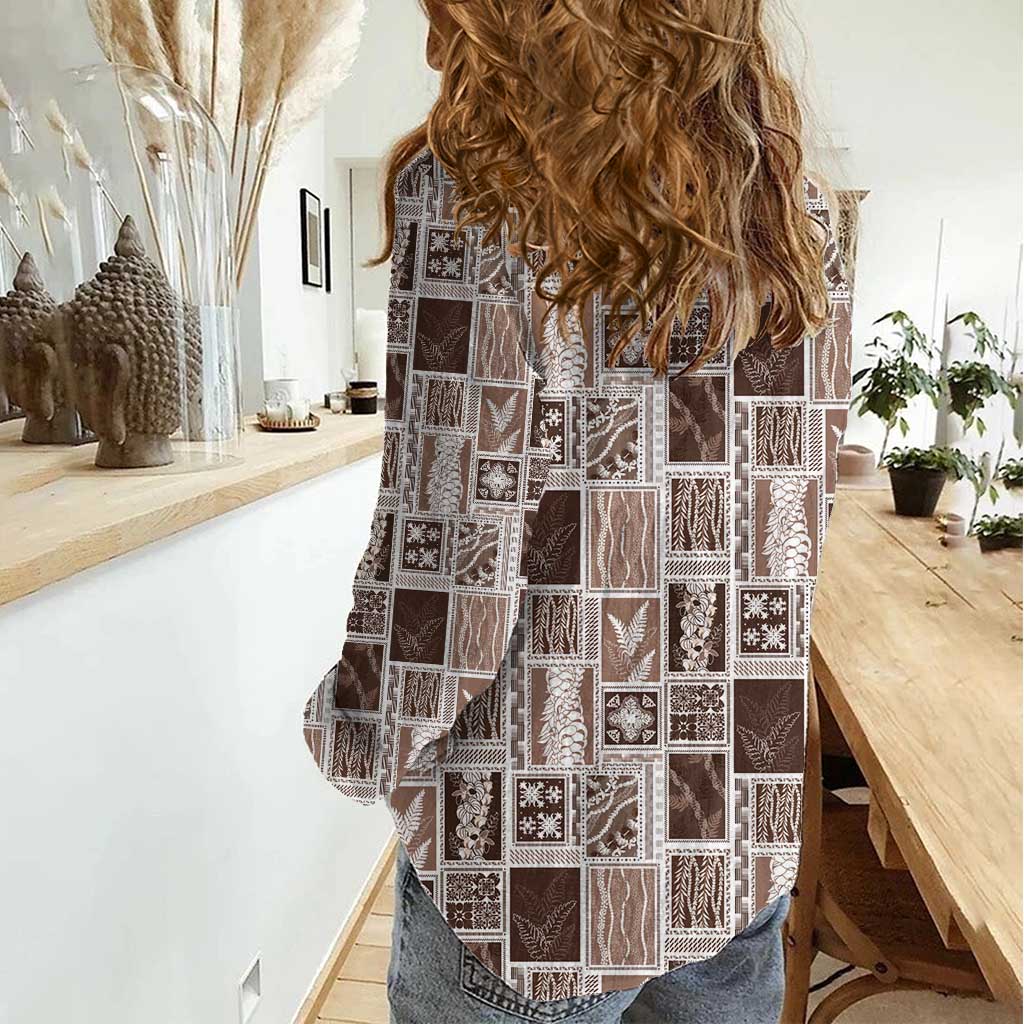 Vintage Aloha Block Quilt Women Casual Shirt Beige Inspired Lei Motifs LT9 - Polynesian Pride