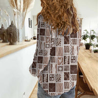 Vintage Aloha Block Quilt Women Casual Shirt Beige Inspired Lei Motifs LT9 - Polynesian Pride