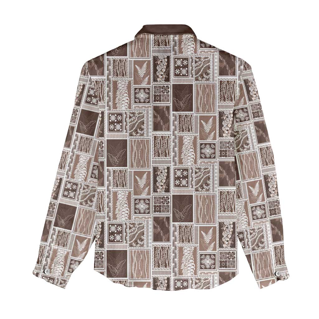 Vintage Aloha Block Quilt Women Casual Shirt Beige Inspired Lei Motifs LT9 - Polynesian Pride