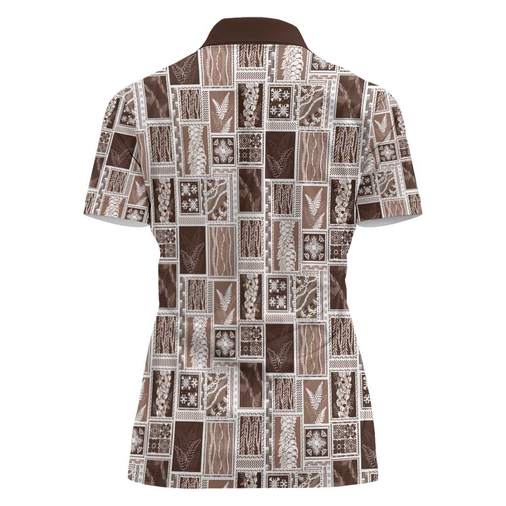 Vintage Aloha Block Quilt Women Polo Shirt Beige Inspired Lei Motifs - Polynesian Pride