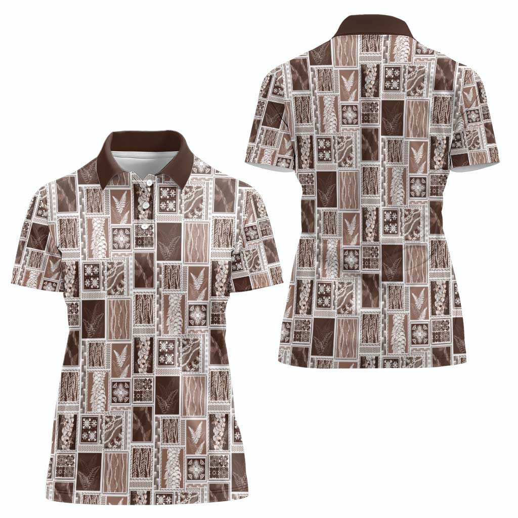 Vintage Aloha Block Quilt Women Polo Shirt Beige Inspired Lei Motifs - Polynesian Pride