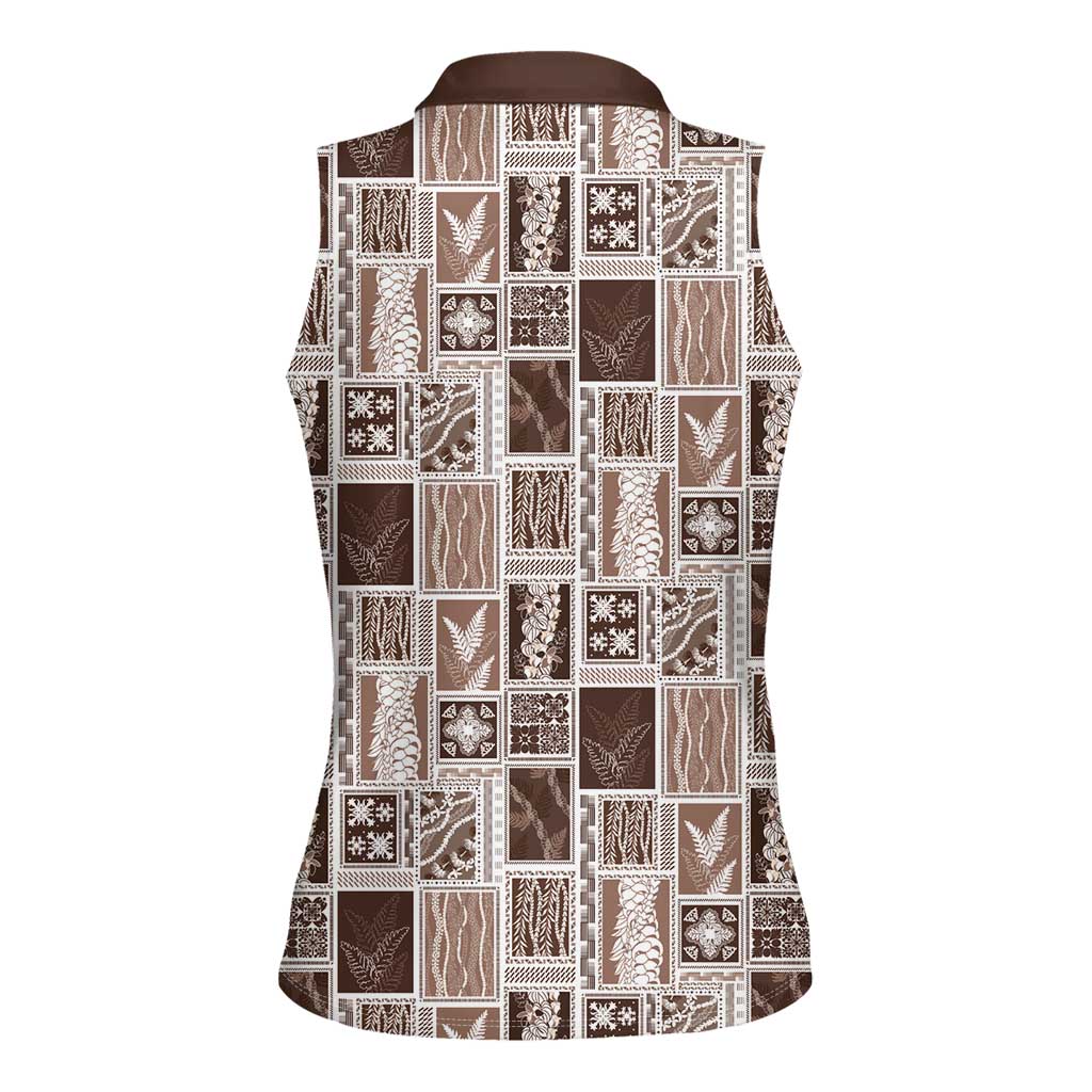 Vintage Aloha Block Quilt Women Sleeveless Polo Shirt Beige Inspired Lei Motifs LT9 - Polynesian Pride