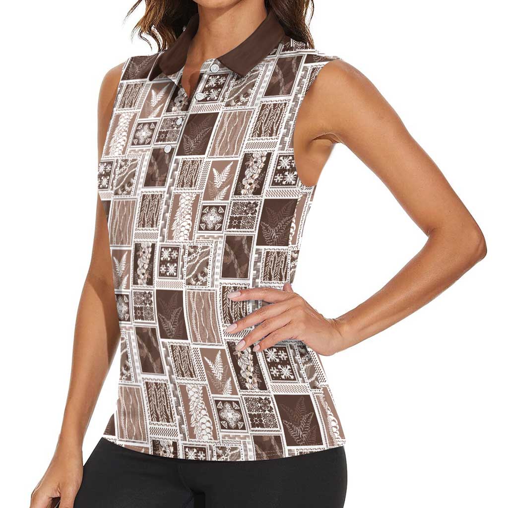 Vintage Aloha Block Quilt Women Sleeveless Polo Shirt Beige Inspired Lei Motifs LT9 - Polynesian Pride