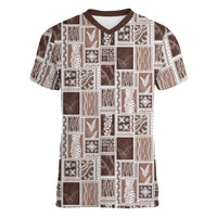 Vintage Aloha Block Quilt Women V-Neck T-Shirt Beige Inspired Lei Motifs LT9 Female Beige - Polynesian Pride