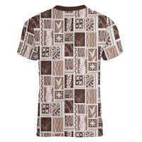 Vintage Aloha Block Quilt Women V-Neck T-Shirt Beige Inspired Lei Motifs LT9 - Polynesian Pride