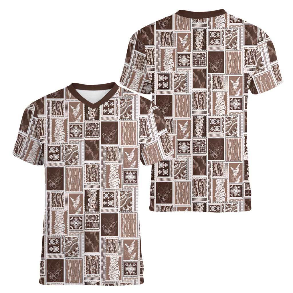 Vintage Aloha Block Quilt Women V-Neck T-Shirt Beige Inspired Lei Motifs LT9 - Polynesian Pride