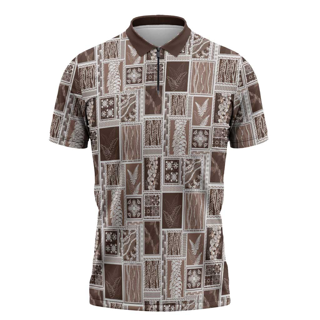 Vintage Aloha Block Quilt Zipper Polo Shirt Beige Inspired Lei Motifs - Polynesian Pride