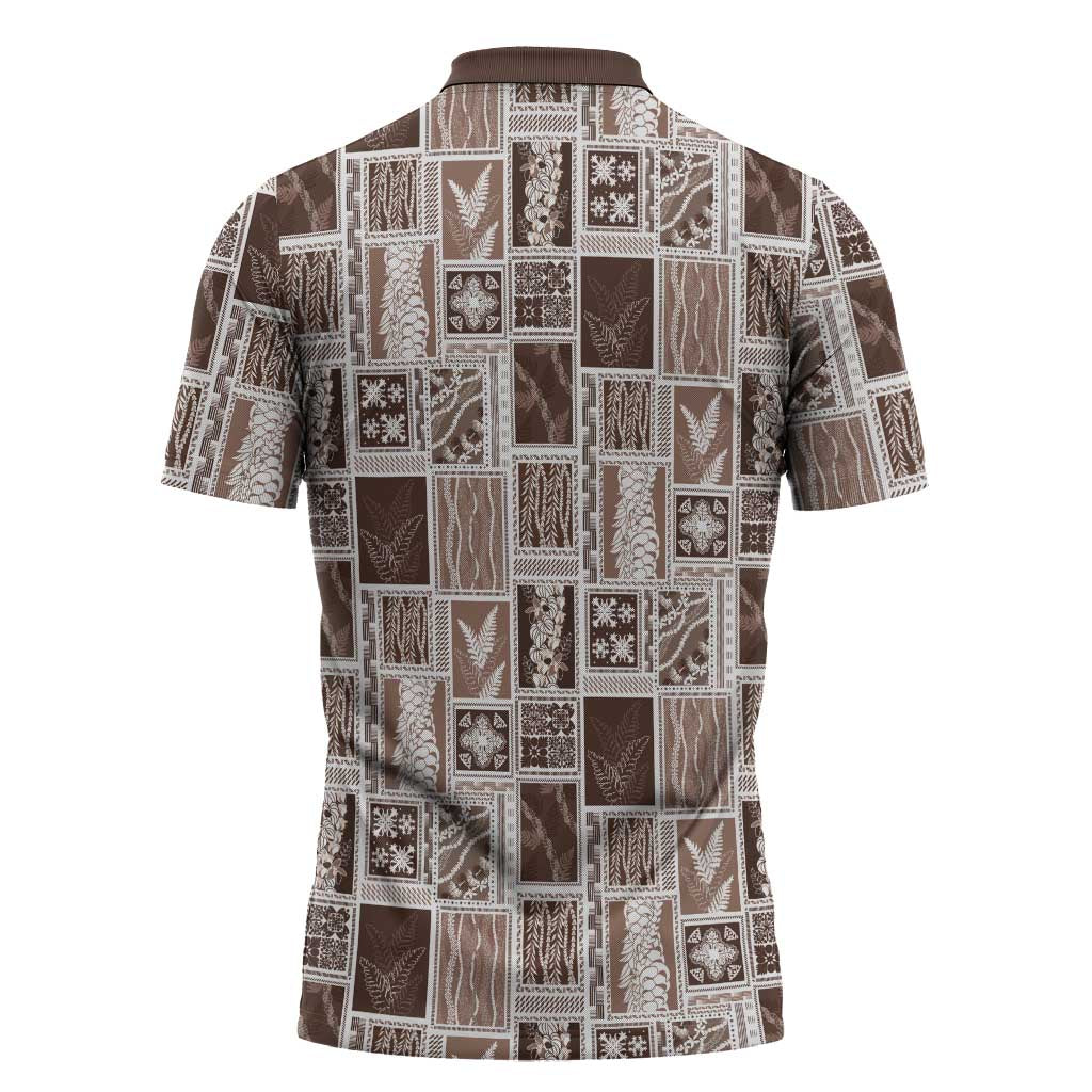 Vintage Aloha Block Quilt Zipper Polo Shirt Beige Inspired Lei Motifs LT9 - Polynesian Pride