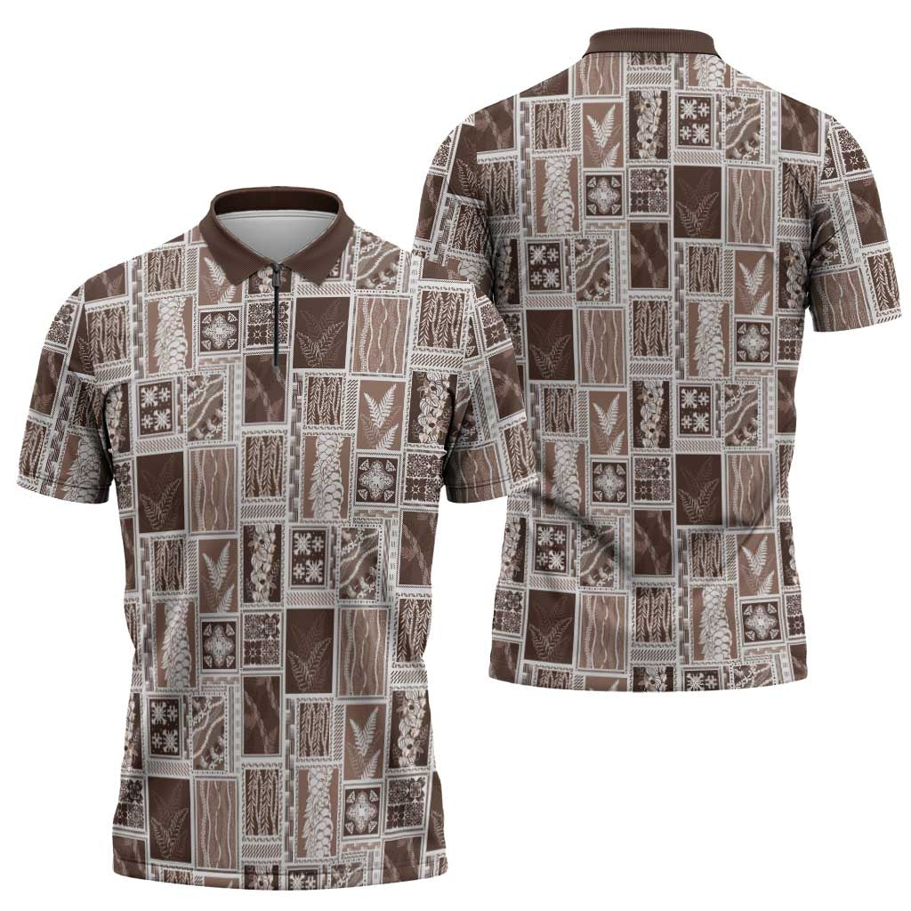 Vintage Aloha Block Quilt Zipper Polo Shirt Beige Inspired Lei Motifs LT9 - Polynesian Pride