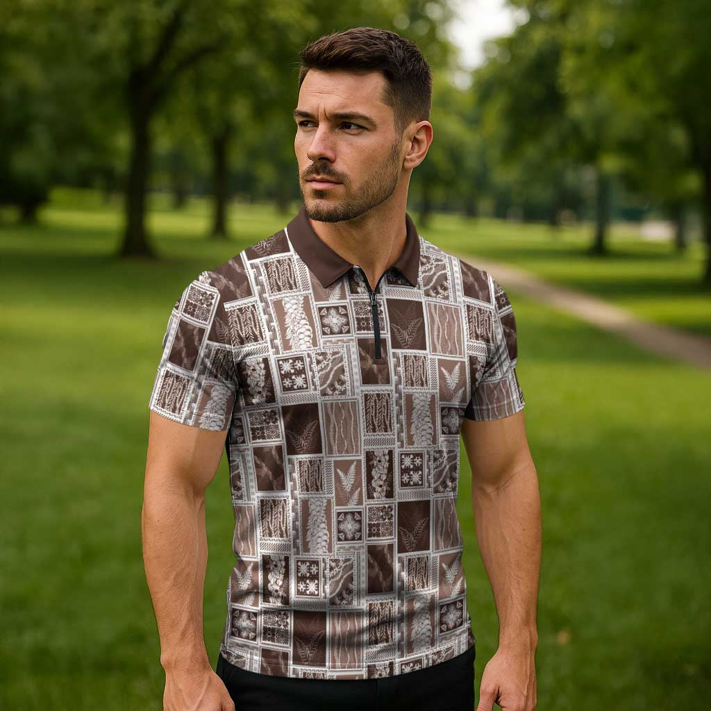 Vintage Aloha Block Quilt Zipper Polo Shirt Beige Inspired Lei Motifs LT9 - Polynesian Pride