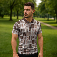 Vintage Aloha Block Quilt Zipper Polo Shirt Beige Inspired Lei Motifs LT9 - Polynesian Pride