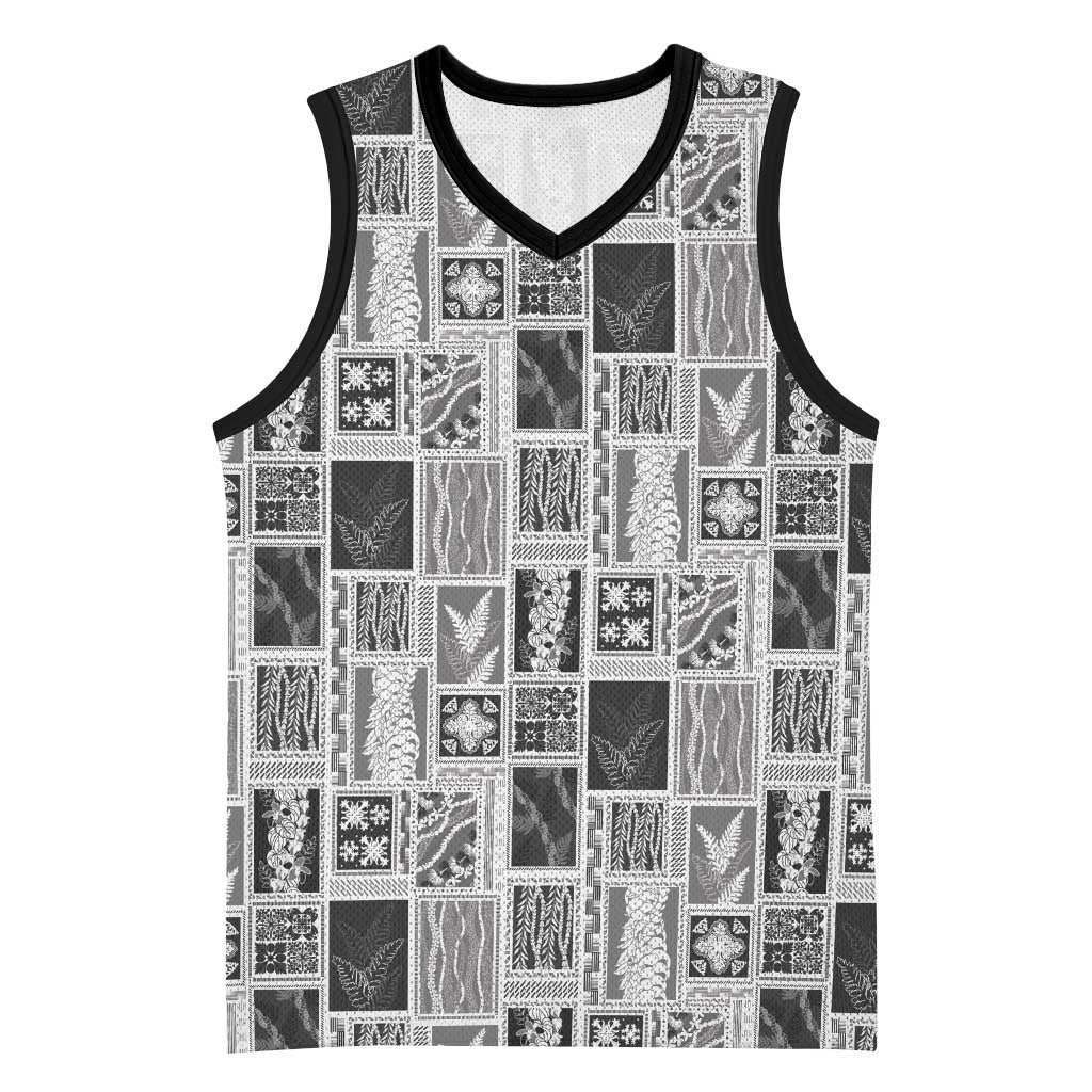 Vintage Aloha Block Quilt Basketball Jersey Black Inspired Lei Motifs LT9 Unisex Black - Polynesian Pride