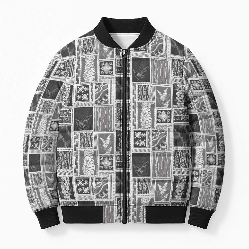 Vintage Aloha Block Quilt Bomber Puffer Jacket Black Inspired Lei Motifs LT9 Unisex Black - Polynesian Pride