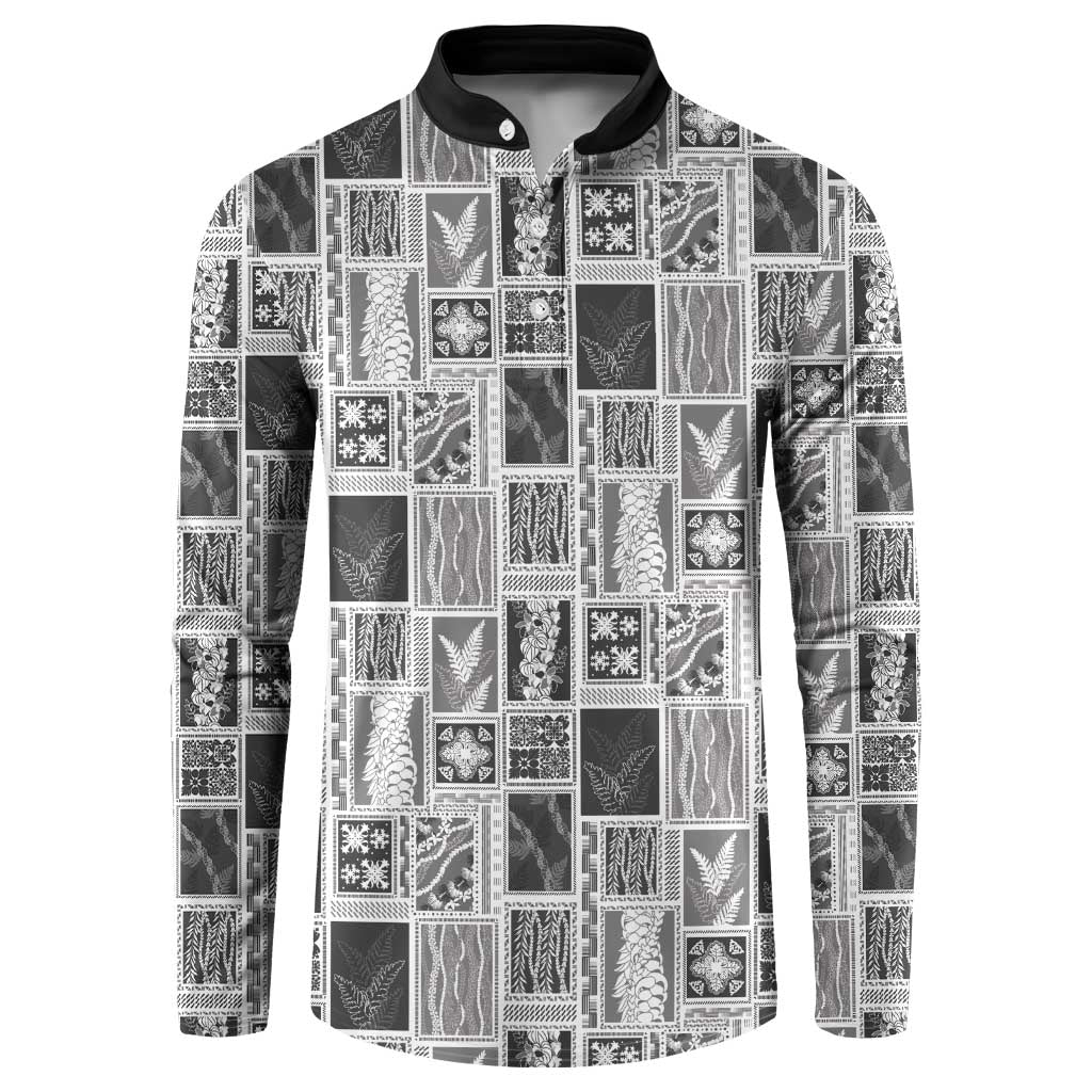 Vintage Aloha Block Quilt Button Sweatshirt Black Inspired Lei Motifs LT9 Black - Polynesian Pride