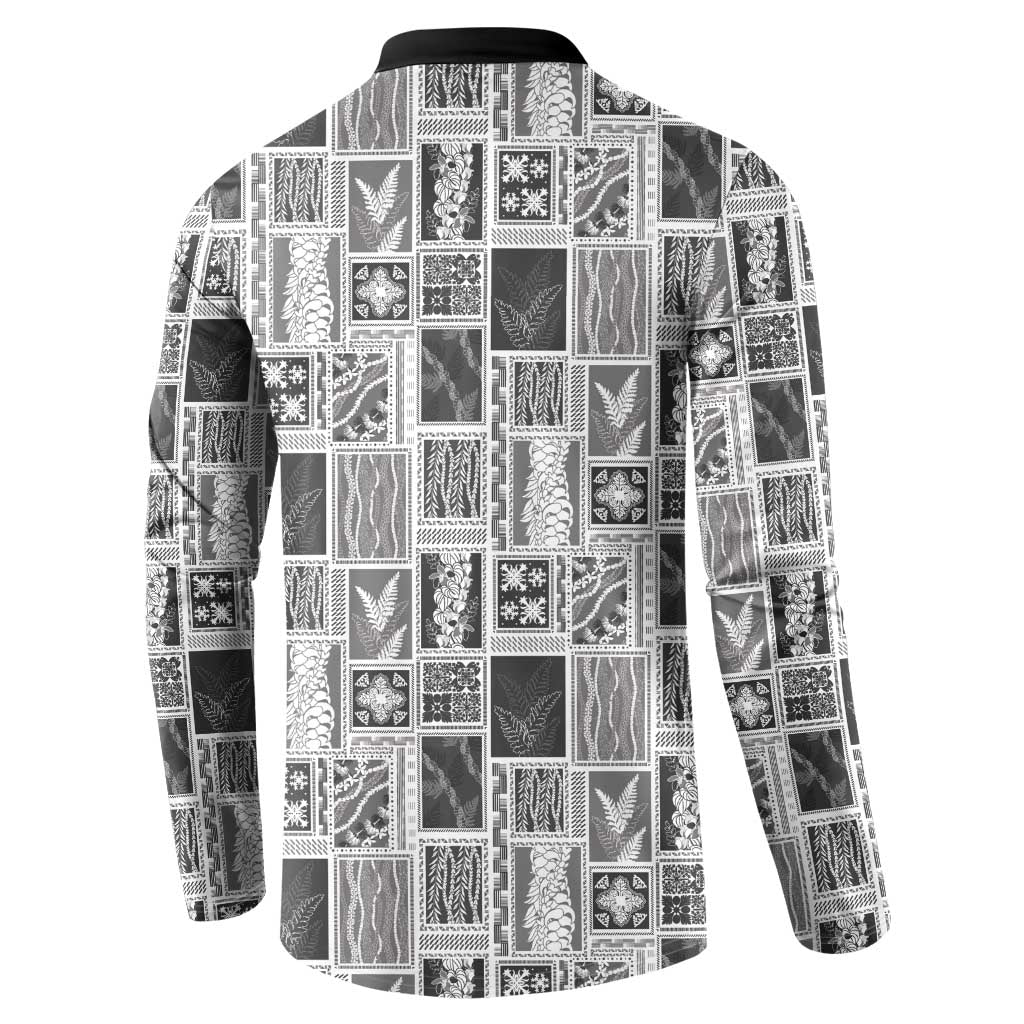Vintage Aloha Block Quilt Button Sweatshirt Black Inspired Lei Motifs LT9 - Polynesian Pride