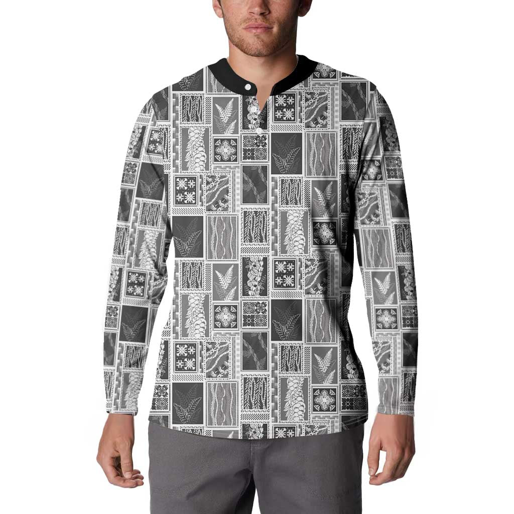 Vintage Aloha Block Quilt Button Sweatshirt Black Inspired Lei Motifs LT9 - Polynesian Pride