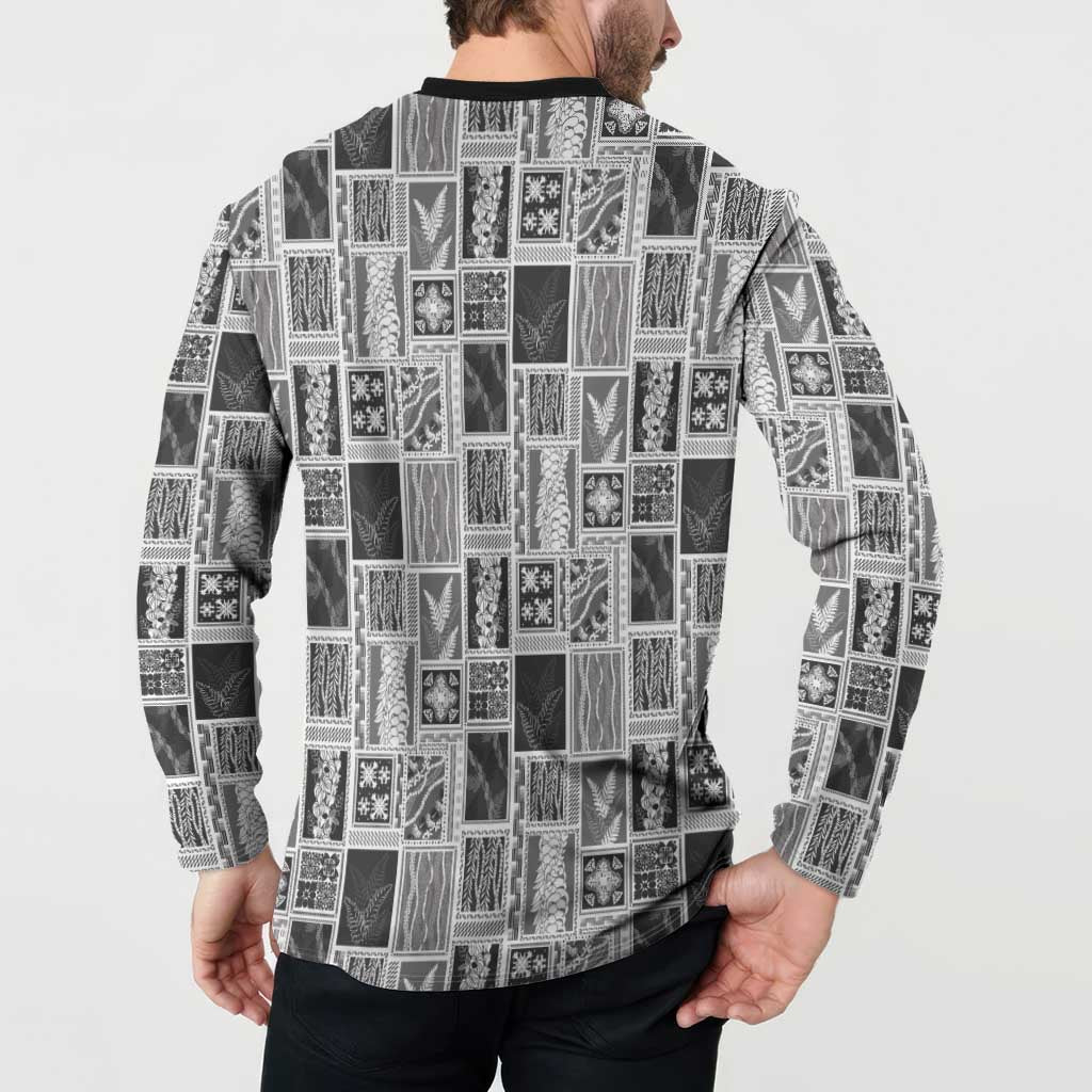 Vintage Aloha Block Quilt Button Sweatshirt Black Inspired Lei Motifs LT9 - Polynesian Pride