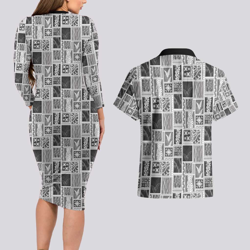 Vintage Aloha Block Quilt Couples Matching Long Sleeve Bodycon Dress and Hawaiian Shirt Black Inspired Lei Motifs - Polynesian Pride