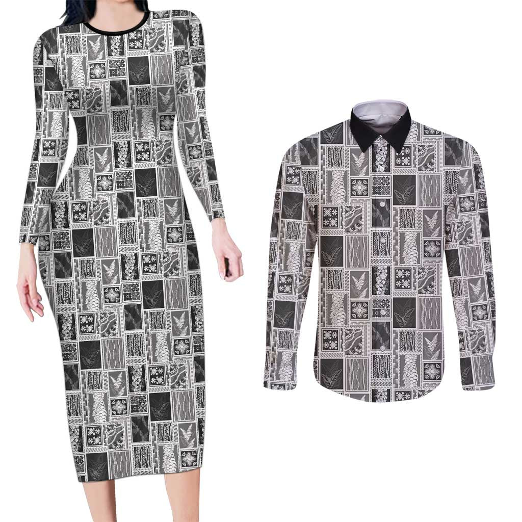 Vintage Aloha Block Quilt Couples Matching Long Sleeve Bodycon Dress and Long Sleeve Button Shirt Black Inspired Lei Motifs - Polynesian Pride