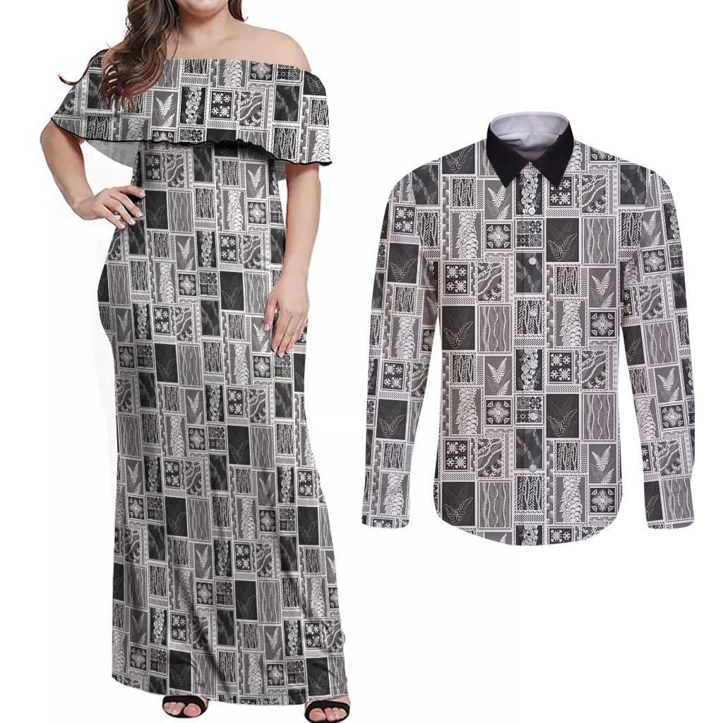 Vintage Aloha Block Quilt Couples Matching Off Shoulder Maxi Dress and Long Sleeve Button Shirt Black Inspired Lei Motifs LT9 Black - Polynesian Pride