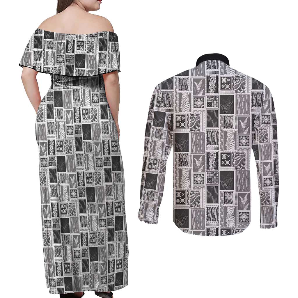 Vintage Aloha Block Quilt Couples Matching Off Shoulder Maxi Dress and Long Sleeve Button Shirt Black Inspired Lei Motifs LT9 - Polynesian Pride