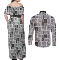 Vintage Aloha Block Quilt Couples Matching Off Shoulder Maxi Dress and Long Sleeve Button Shirt Black Inspired Lei Motifs LT9 - Polynesian Pride